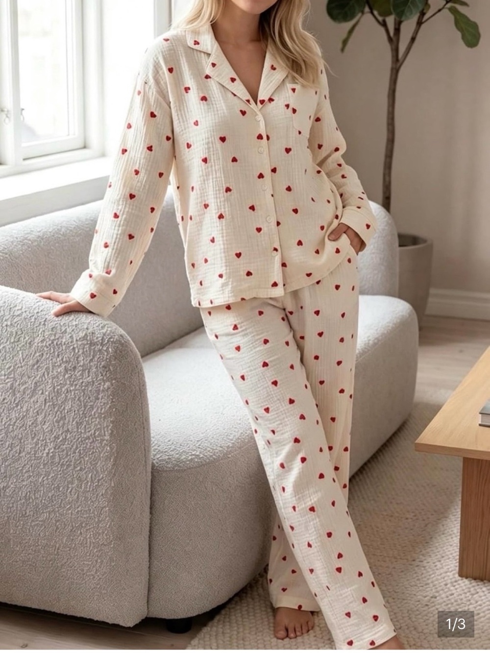 Cream Pajama Set with Red Heart Print - Women's Two-Piece Sleepwear